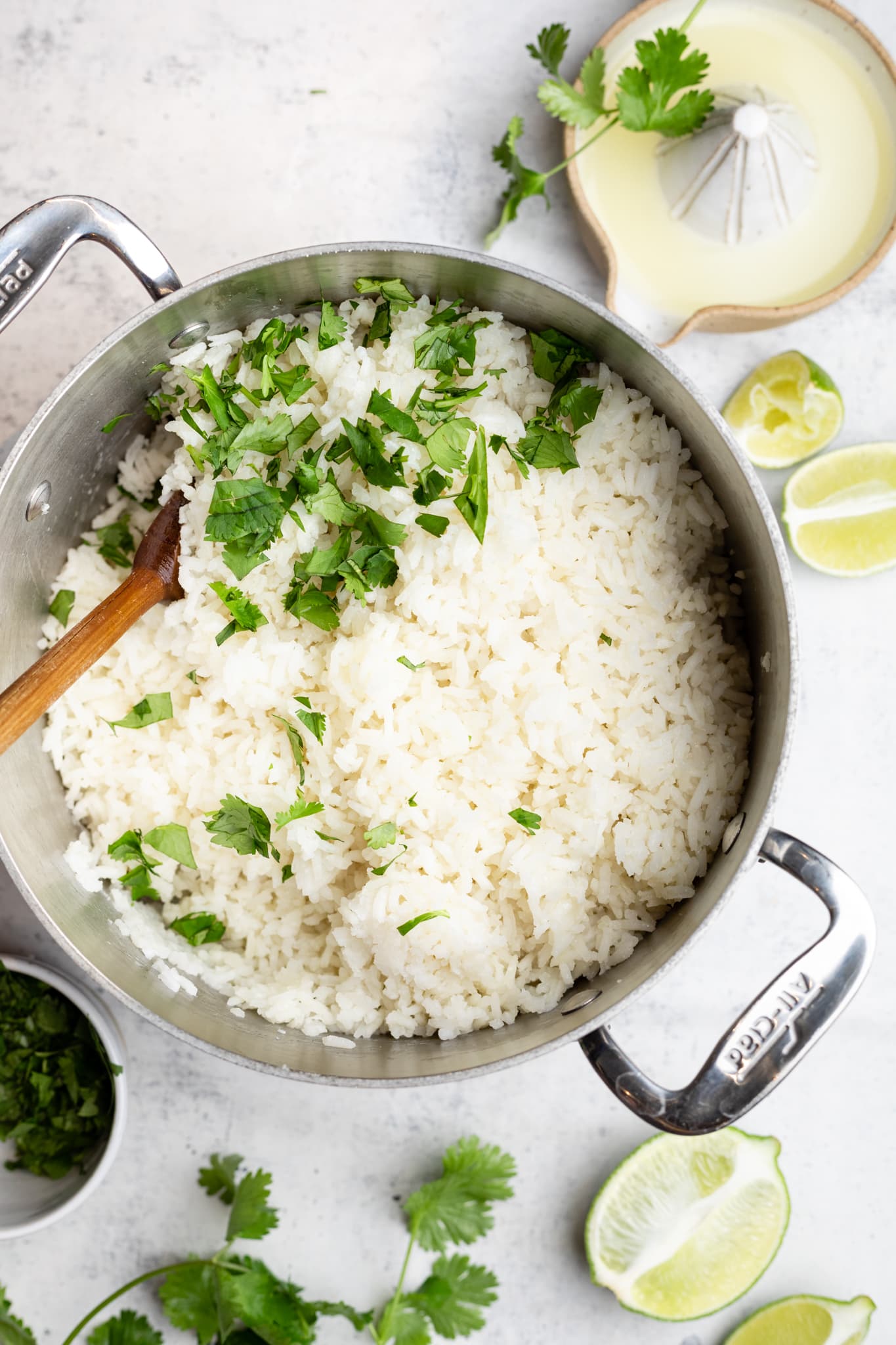 rice in pot with cilantro on top 