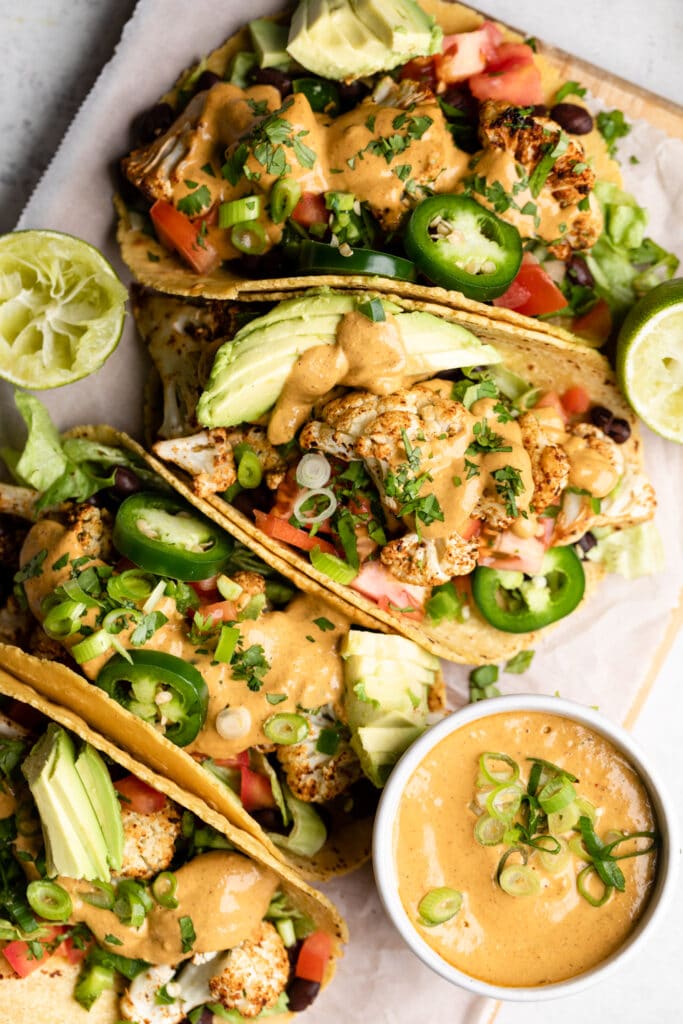 cauliflower tacos on parchment paper