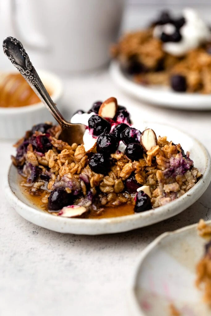 blueberry baked oatmeal on a plate