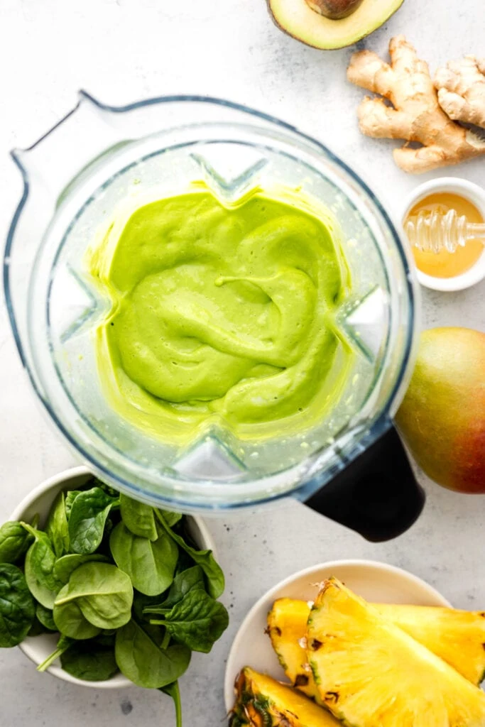 green smoothie blended in blender