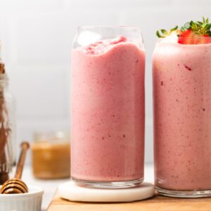 strawberry banana smoothie in glasses