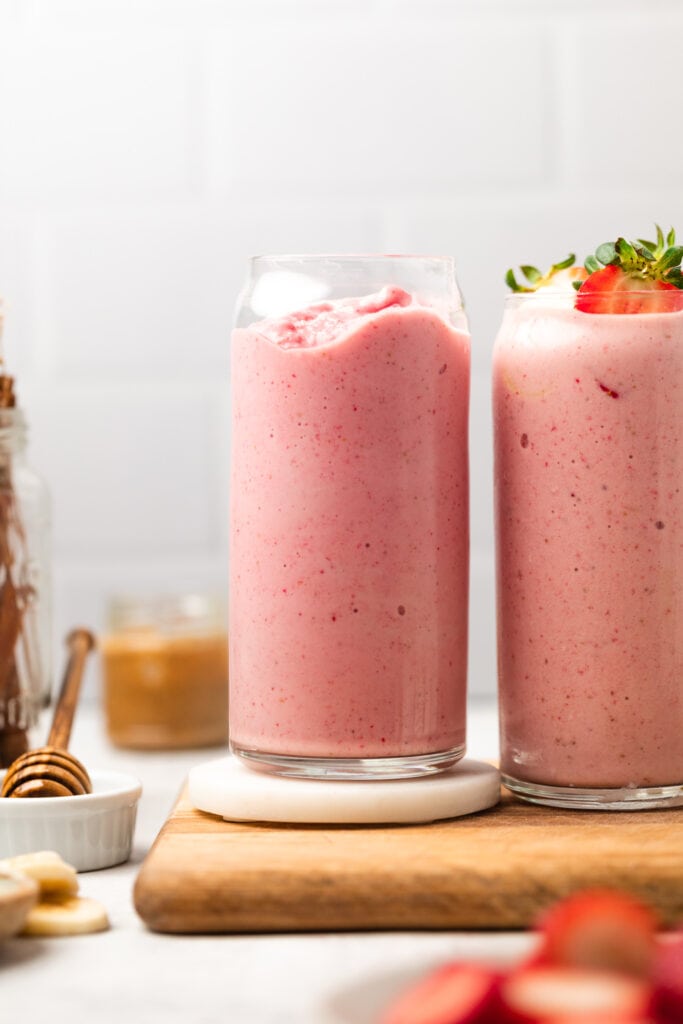strawberry banana smoothie in glasses