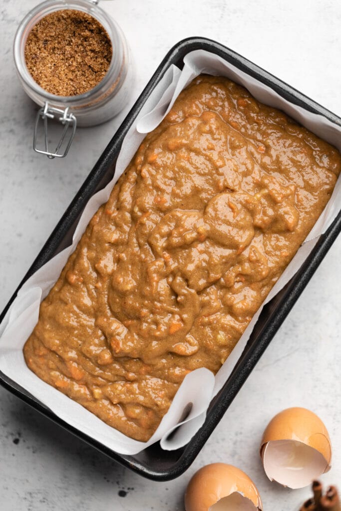 carrot cake batter in pan