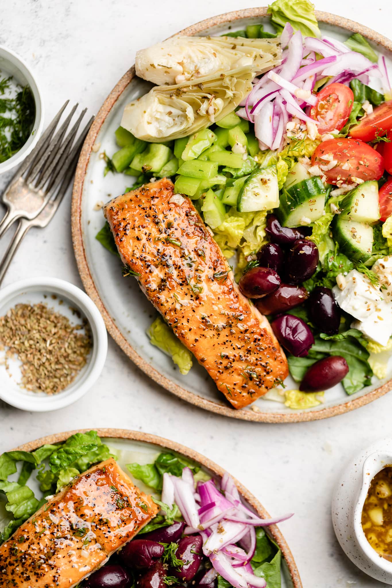 Greek salmon salad on plate