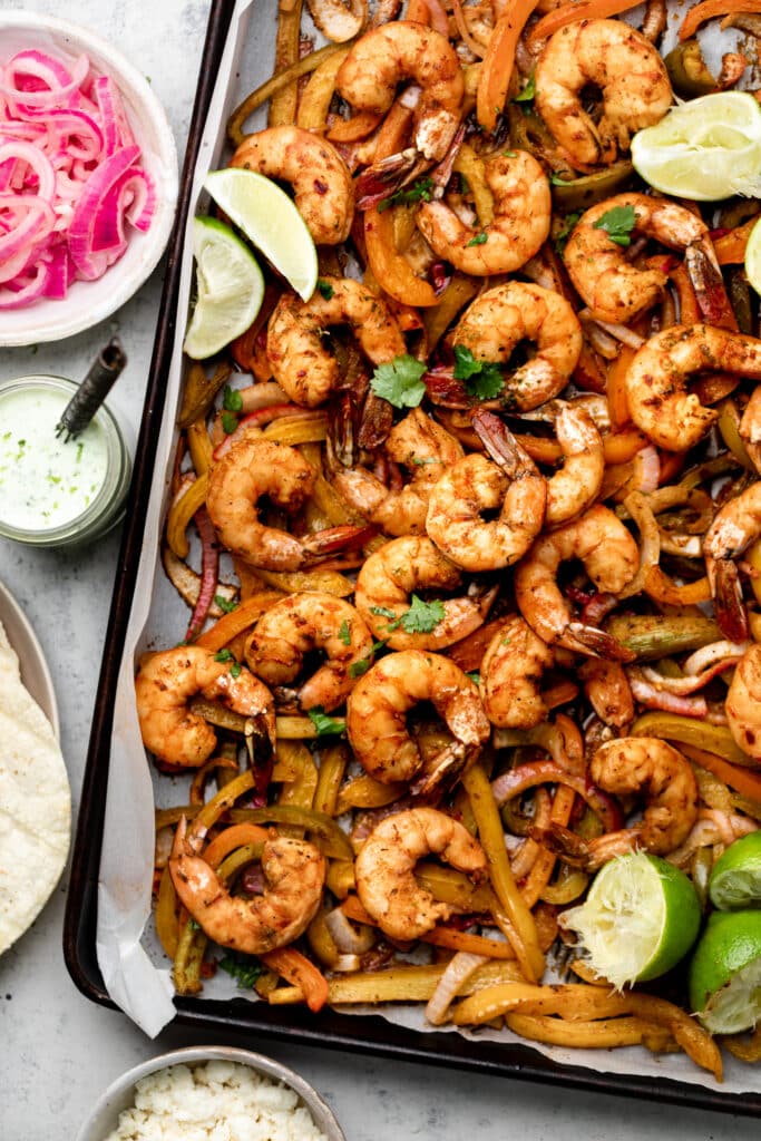 sheet pan shrimp fajitas on sheet pan