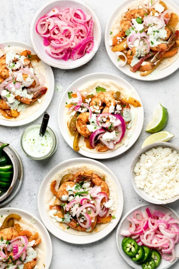 shrimp and veggies on corn tortillas