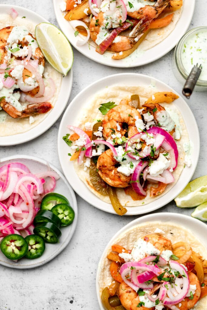shrimp fajitas on corn tortillas