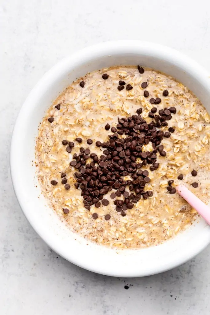 baked oatmeal batter with chocolate chips