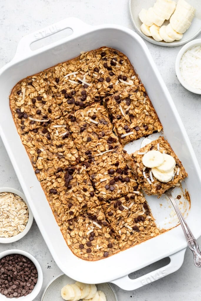 baked oatmeal in baking dish with bananas