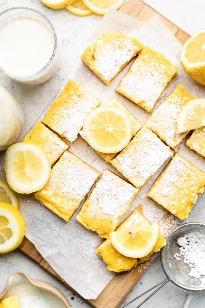 gluten free lemon bars sliced with powdered sugar