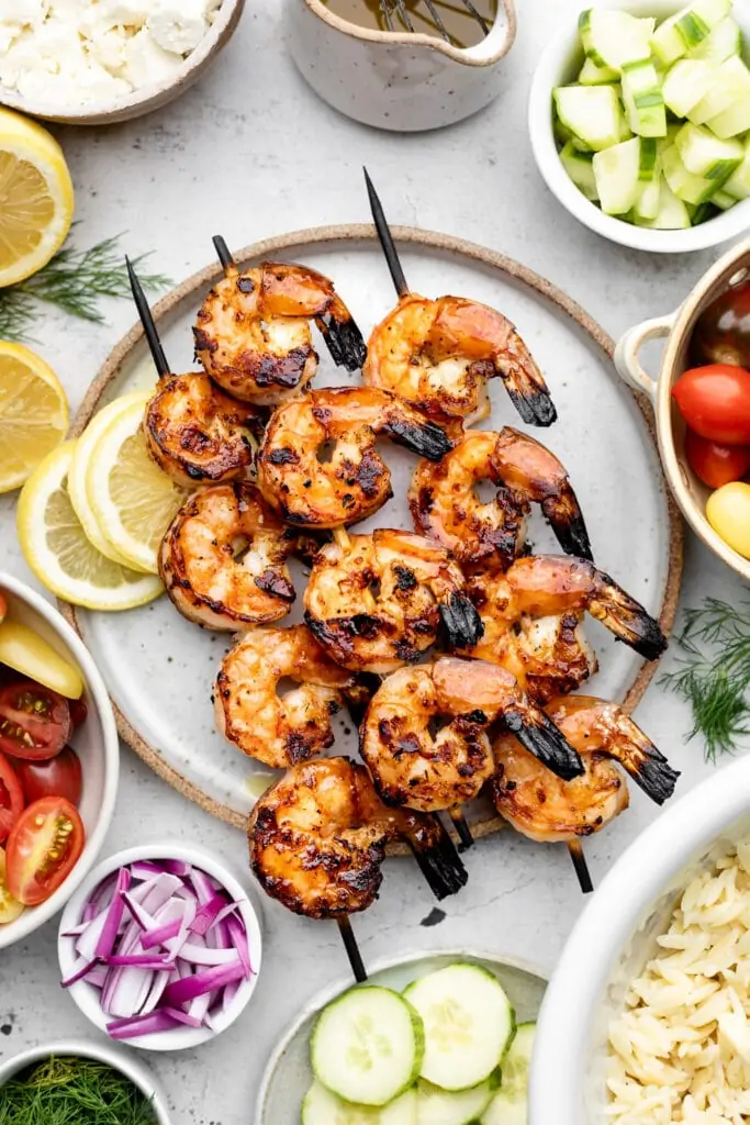 grilled shrimp on three skewers