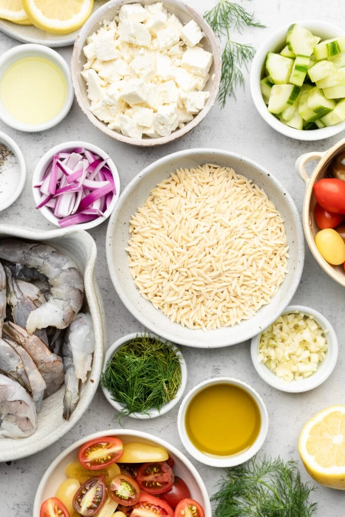 ingredients for grilled shrimp and orzo salad
