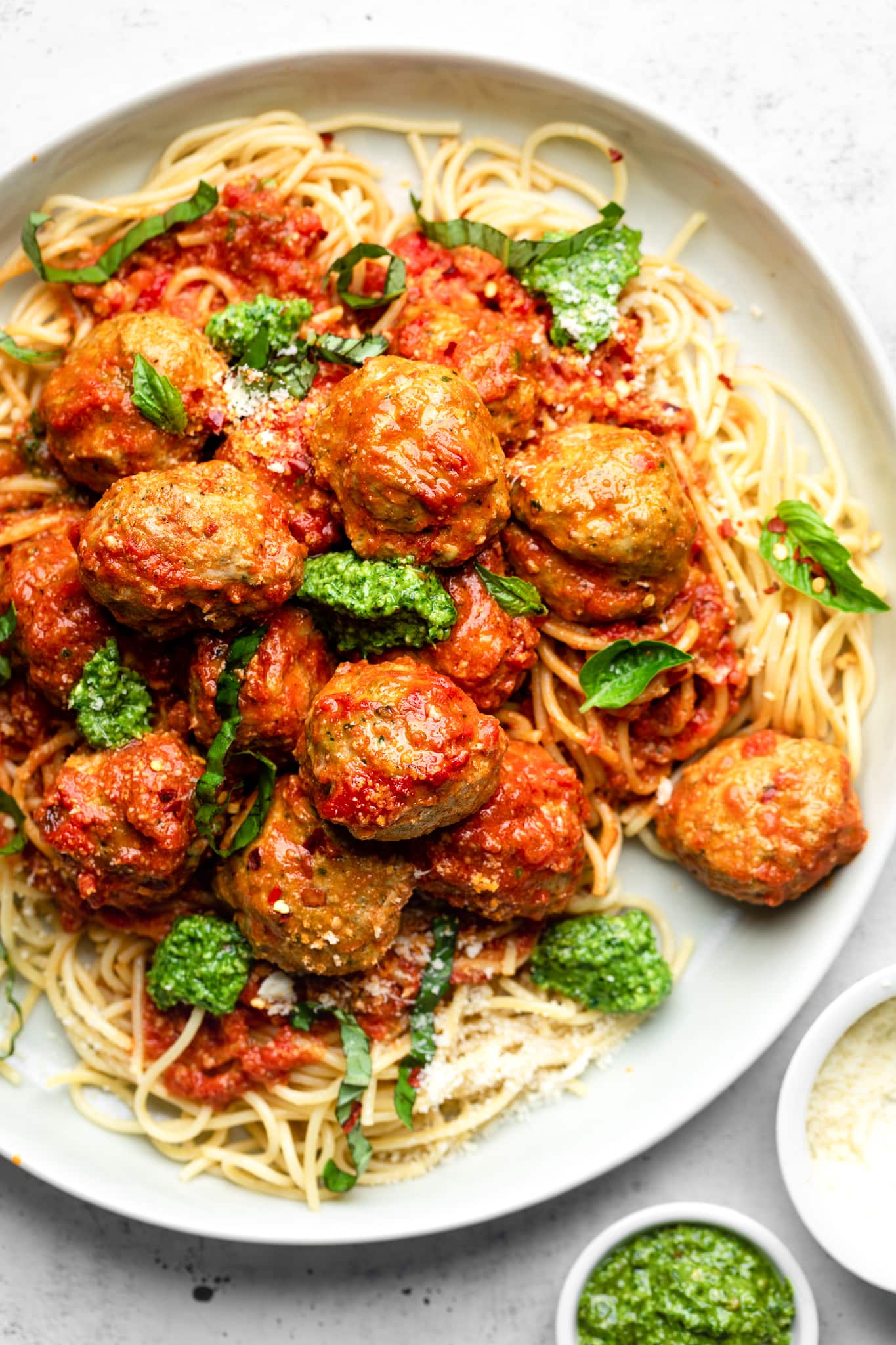 pesto turkey meatballs over pasta