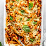 baked ziti in casserole dish