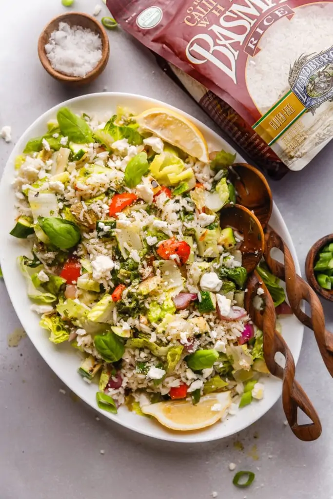 grilled vegetable and rice salad on platter