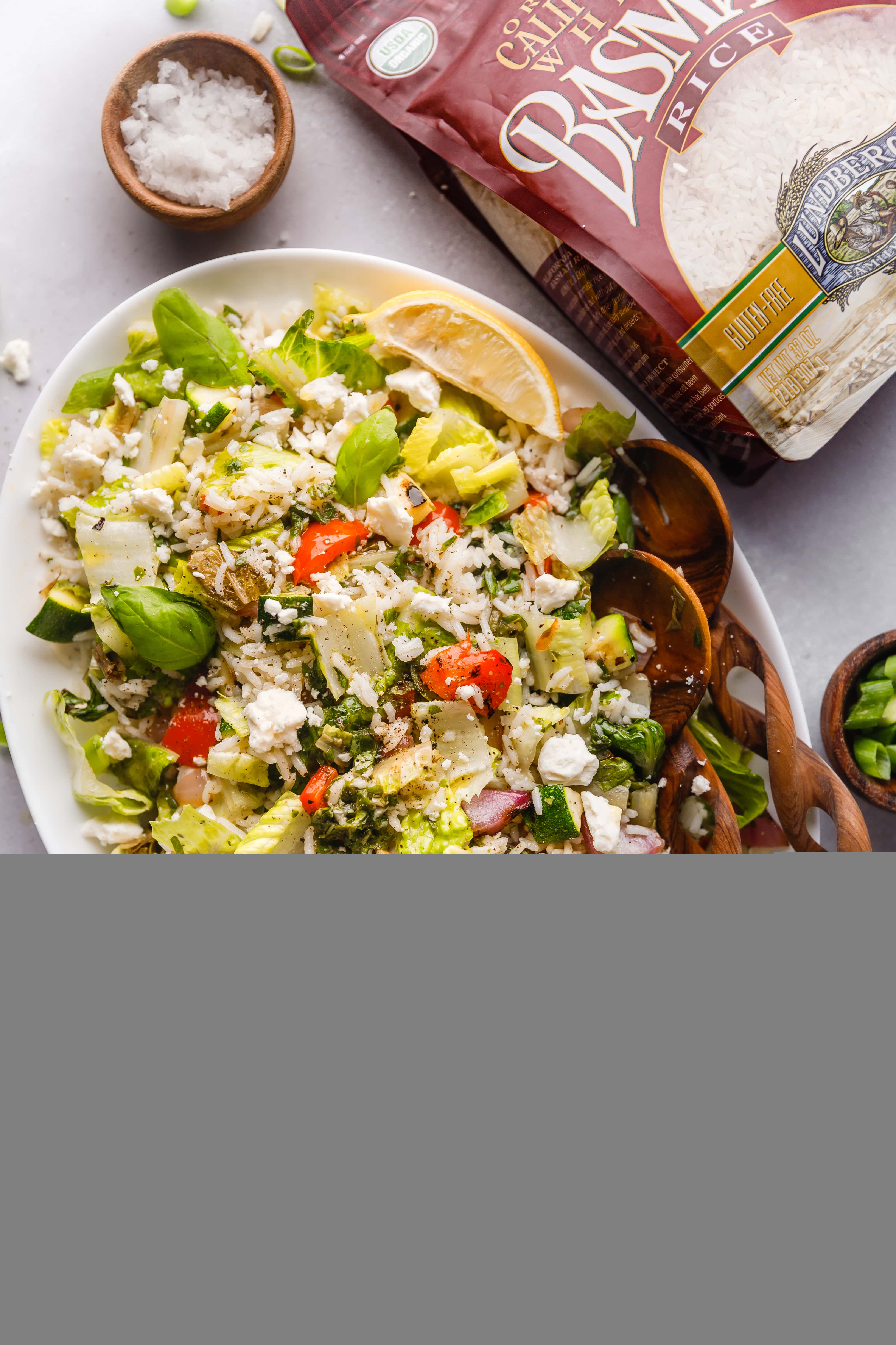 grilled vegetable and rice salad on platter