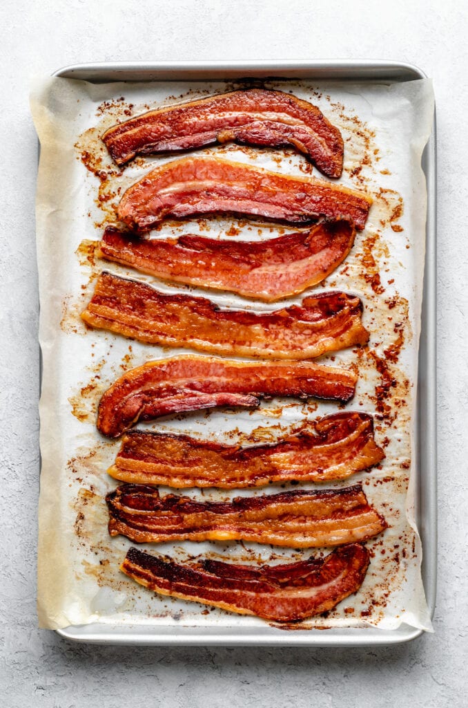 full sheetpan of cooked bacon