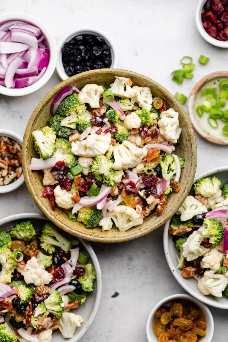 broccoli cauliflower salad in bowls