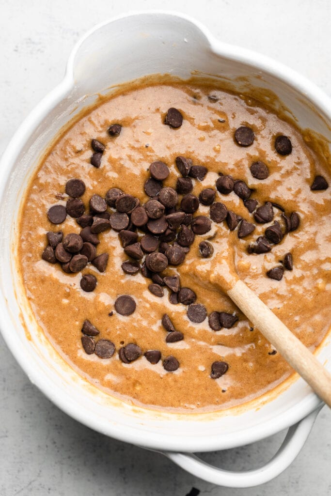 banana bread batter with chocolate chips in bowl