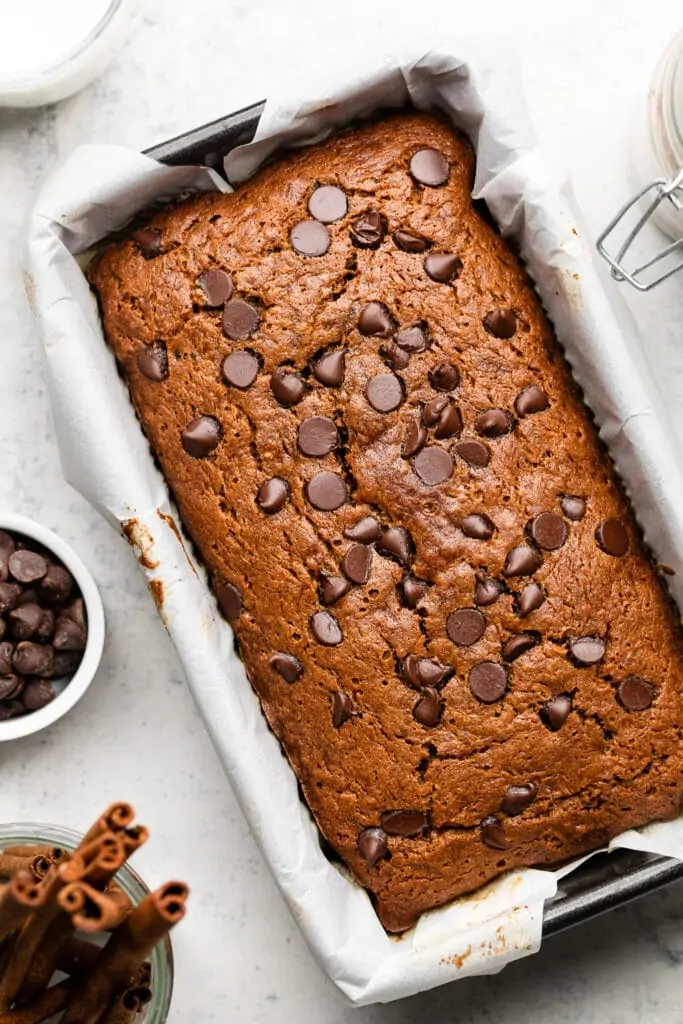 baked banana bread in loaf pan