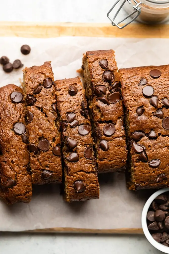 sliced gluten free chocolate chip banana bread 
