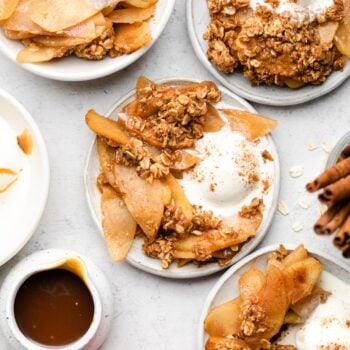 apple crisp with ice cream in a bowl