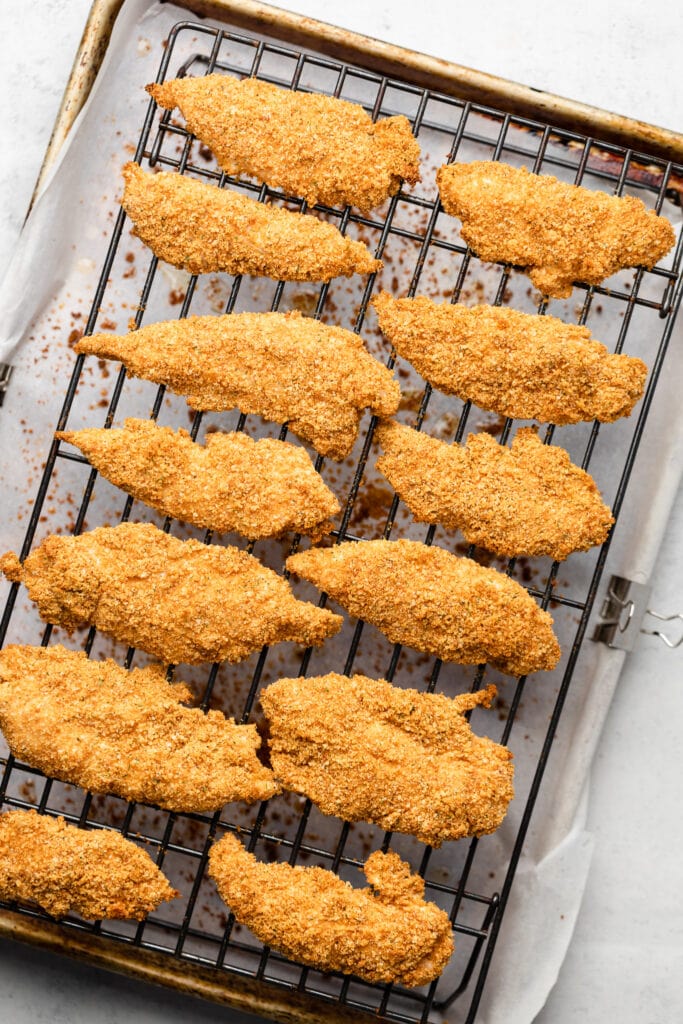 chicken tenders on a wire rack.