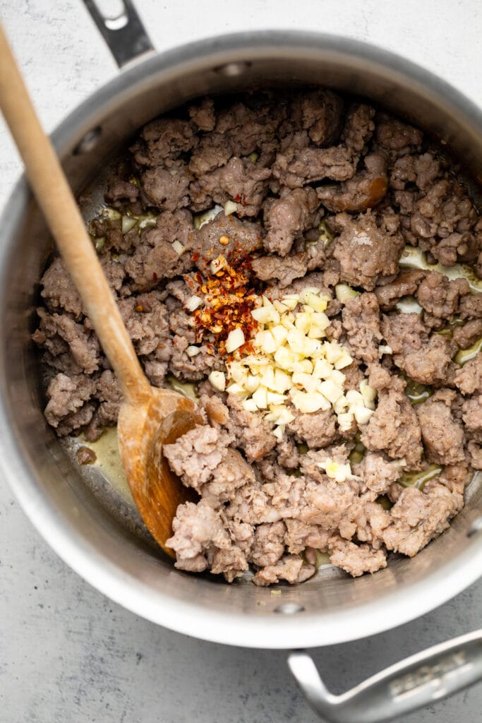 ground pork in large pot