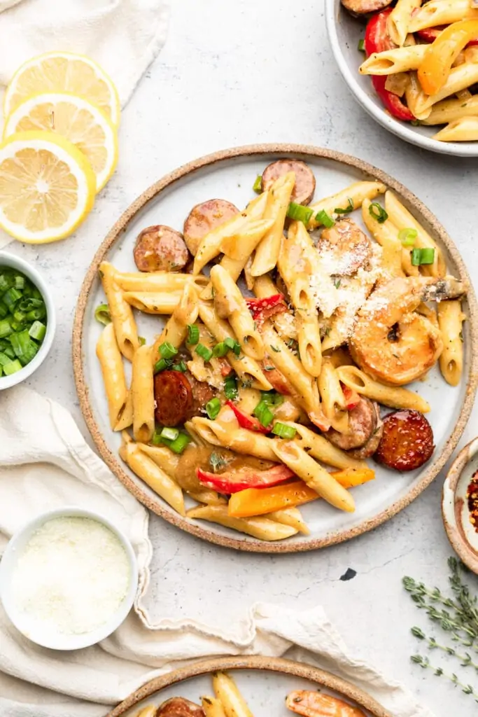 cajun shrimp and sausage pasta on plate
