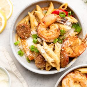 cajun shrimp and sausage pasta in bowl