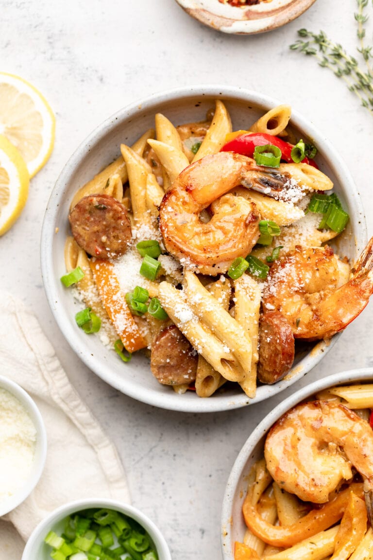 cajun shrimp and sausage pasta in bowl