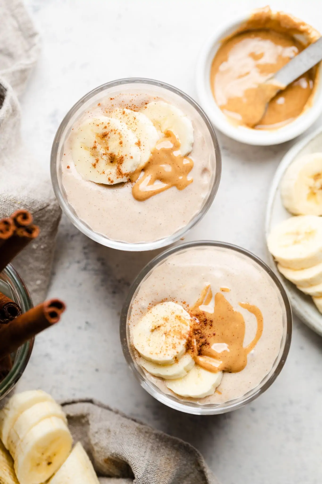 peanut butter banana smoothie in a cup 