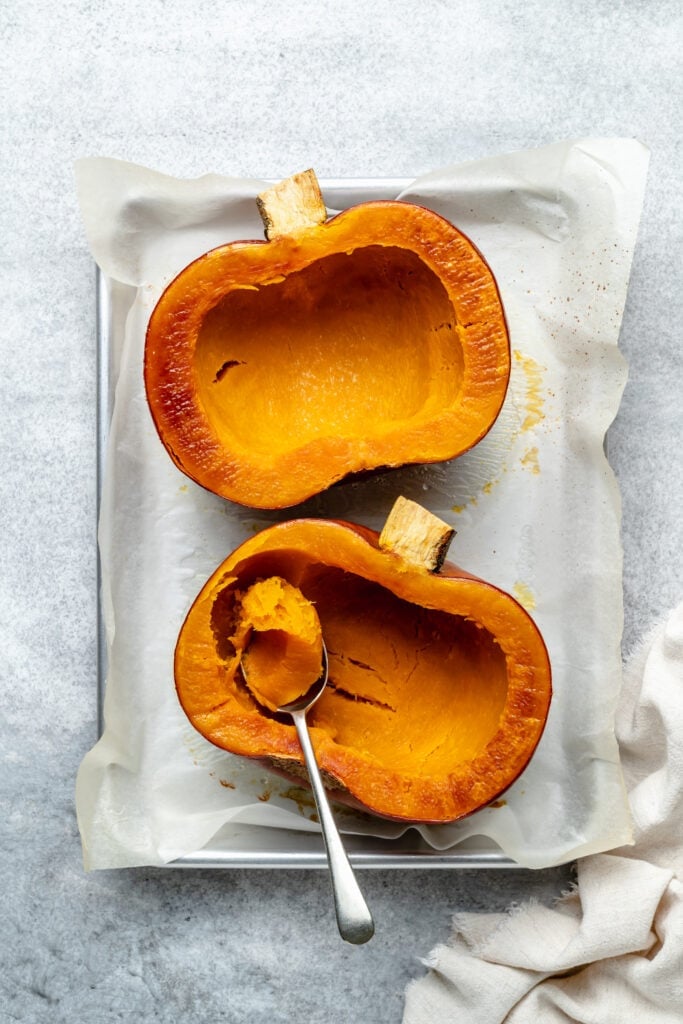 cooked pumpkin on sheet pan