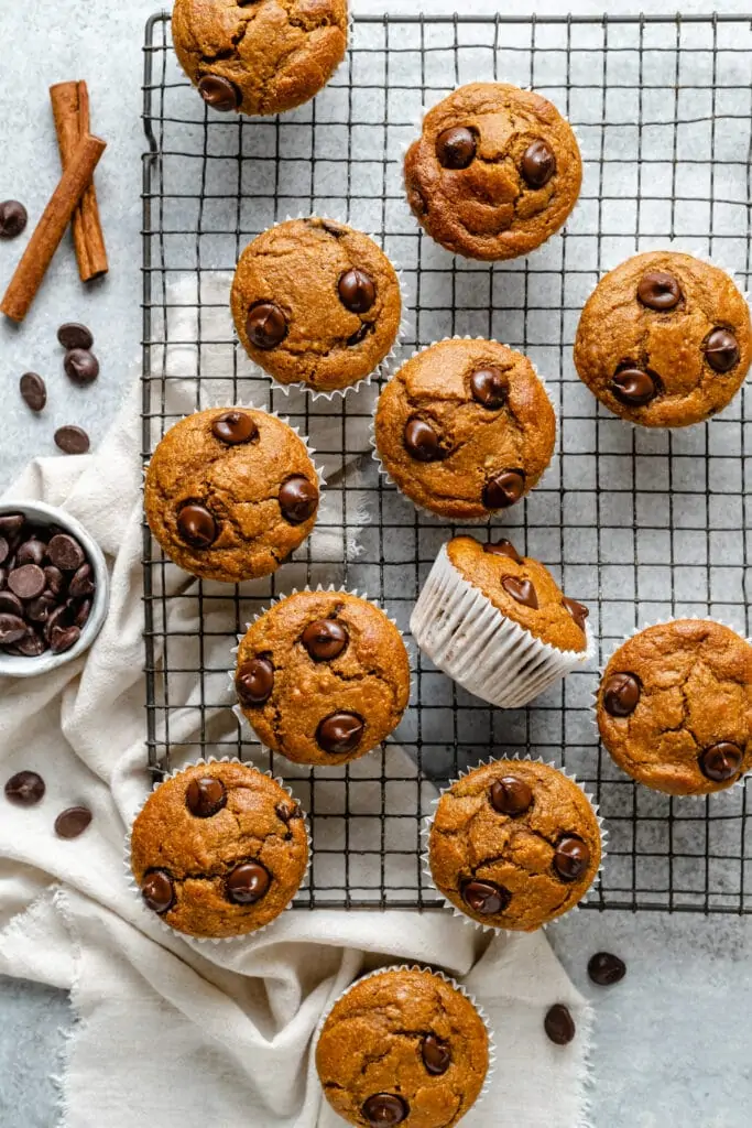 pumpkin banana muffins on baking tray