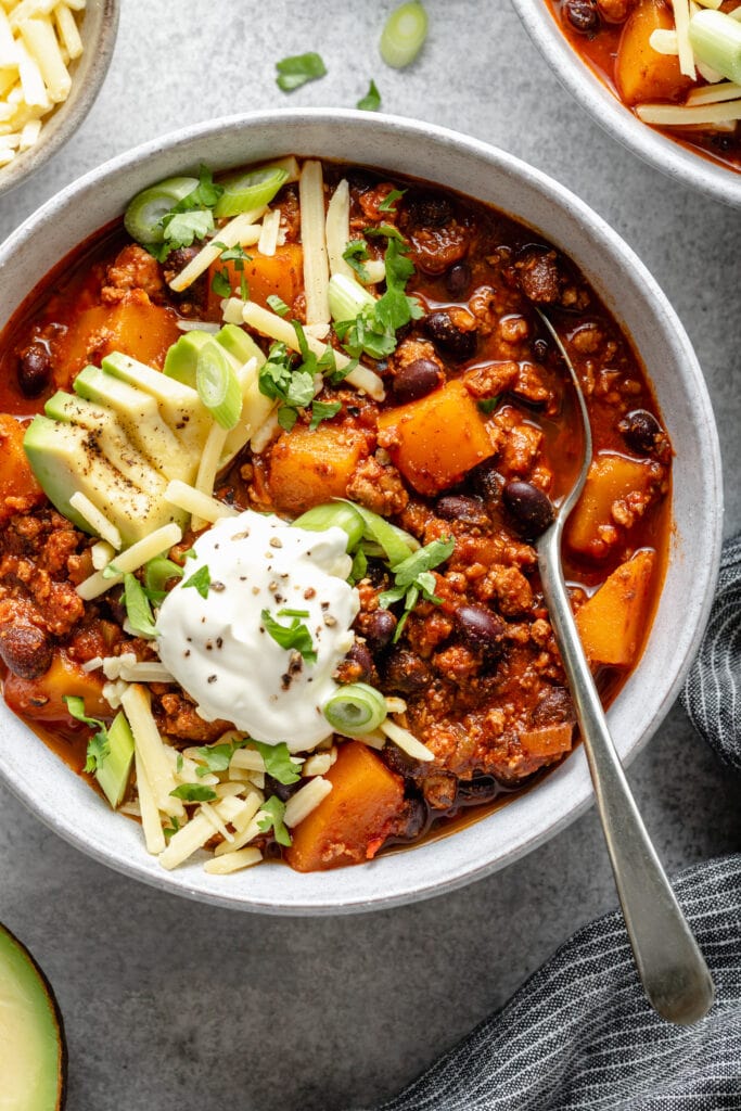 chili in bowl with toppings