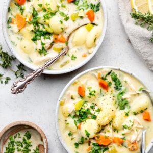 healthier chicken gnocchi soup in bowls