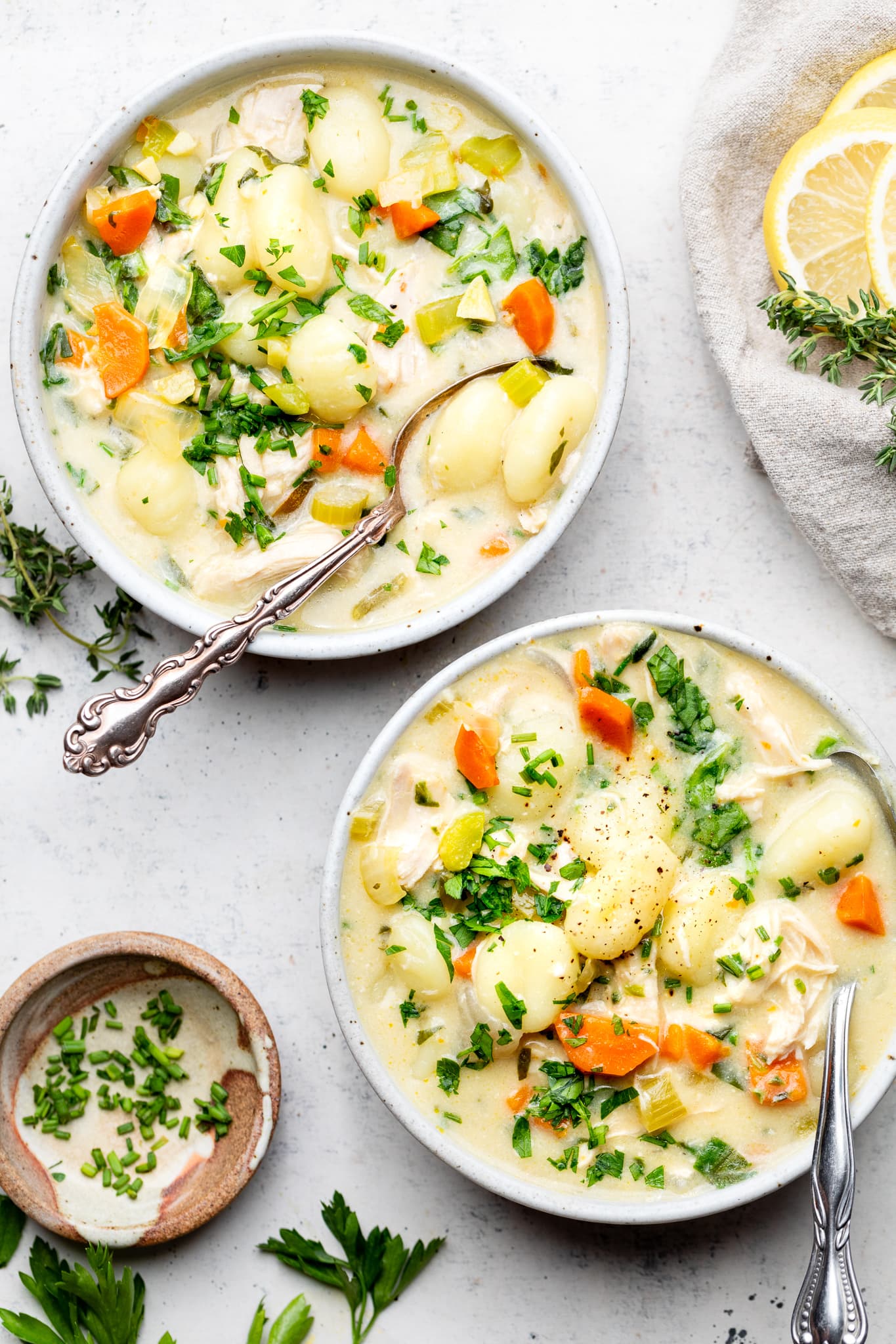 healthier chicken gnocchi soup in bowls