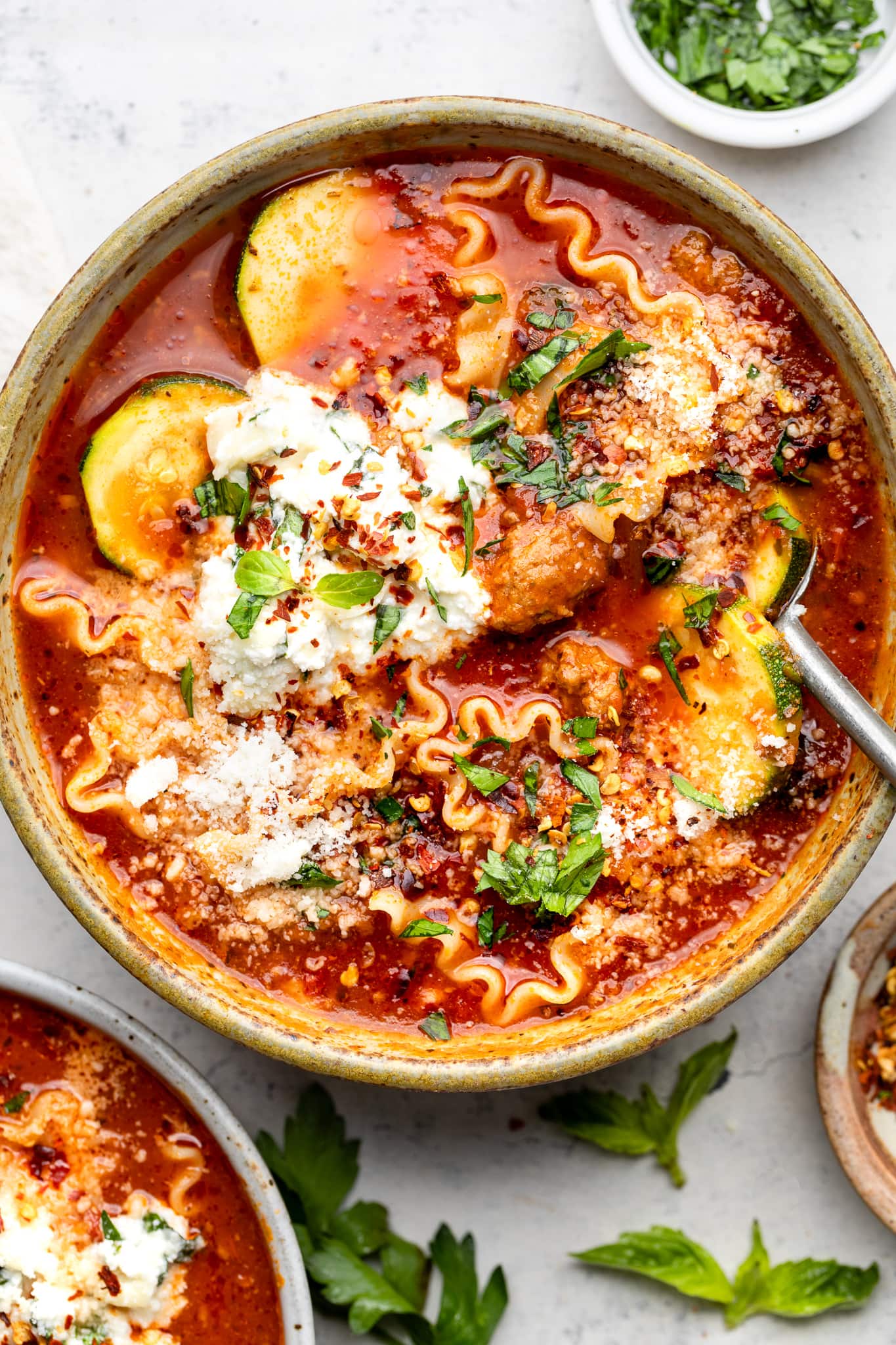 lasagna soup in bowl with spoon