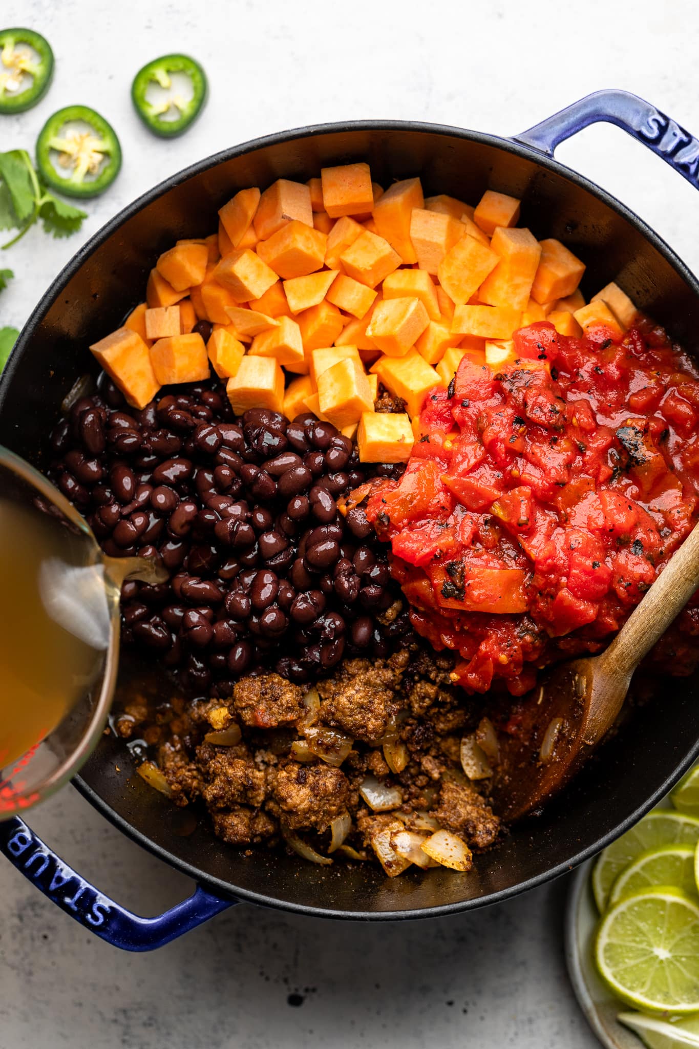black beans, broth, sweet potato, and tomato in pot