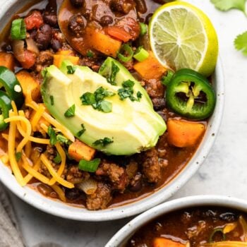 chili in bowl with toppings