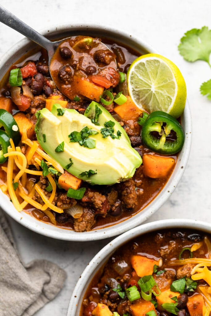 chili in bowl with toppings