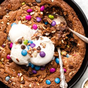 monster skillet cookie topped with ice cream