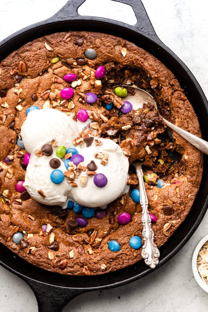 monster skillet cookie topped with ice cream