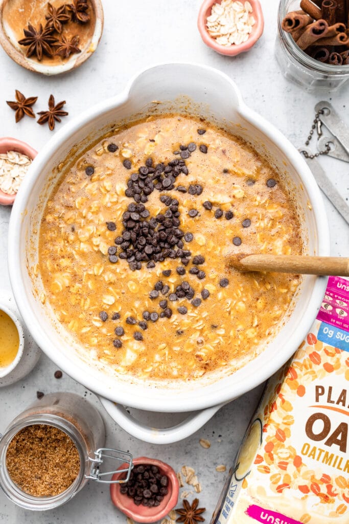 baked oatmeal batter with chocolate chips