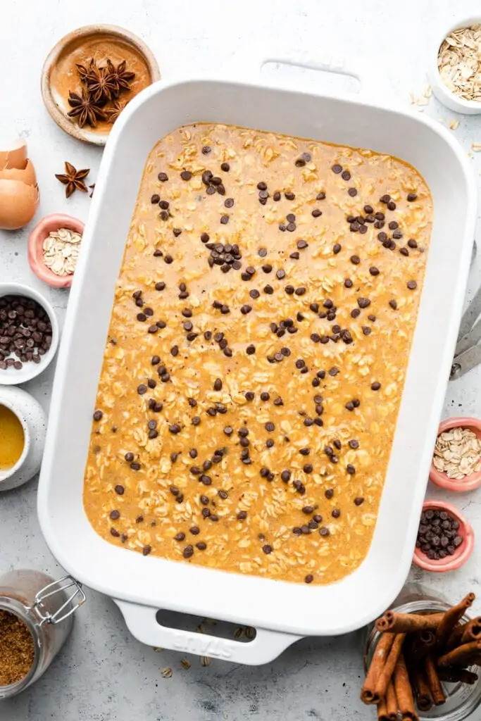 baked oatmeal batter in baking dish