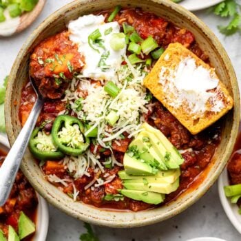 chili in bowl with cornbread