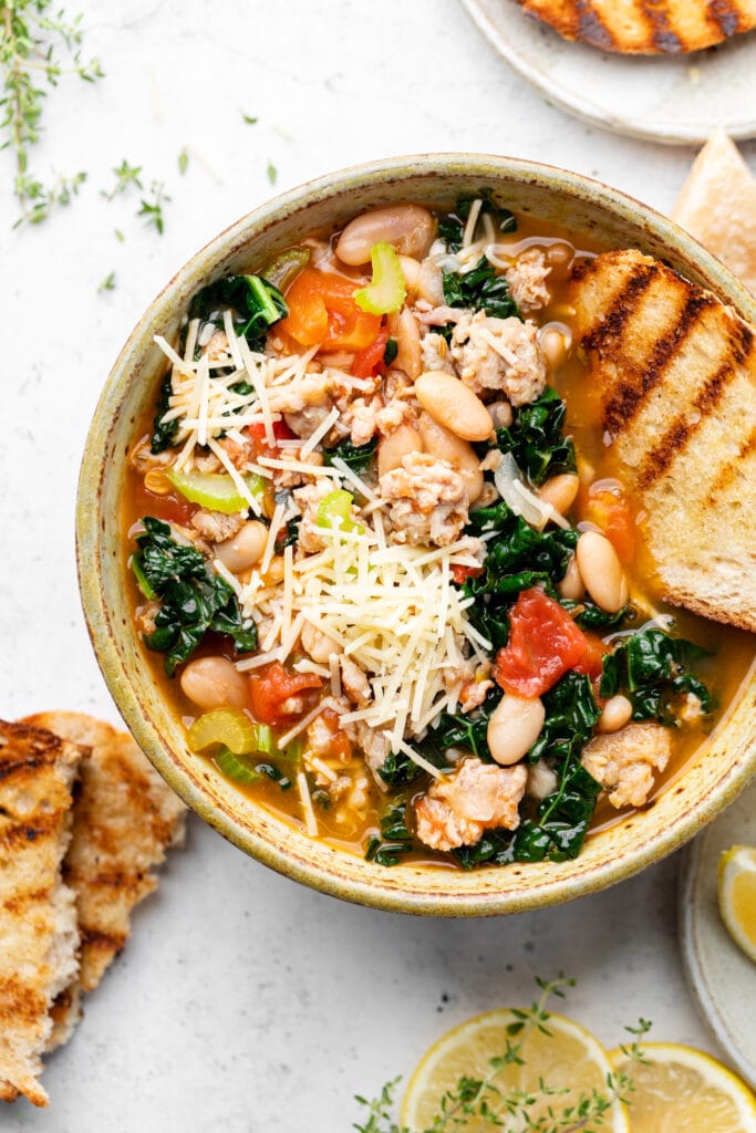 soup in a bowl with grilled bread