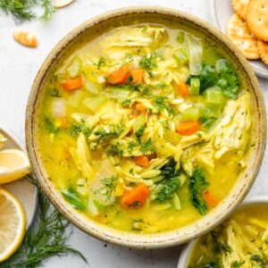 lemon chicken orzo soup in bowl