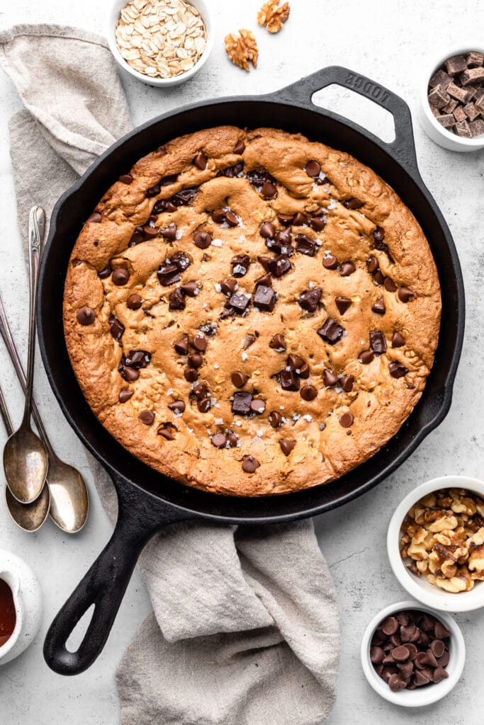 oatmeal chocolate chip skillet cookie in pan