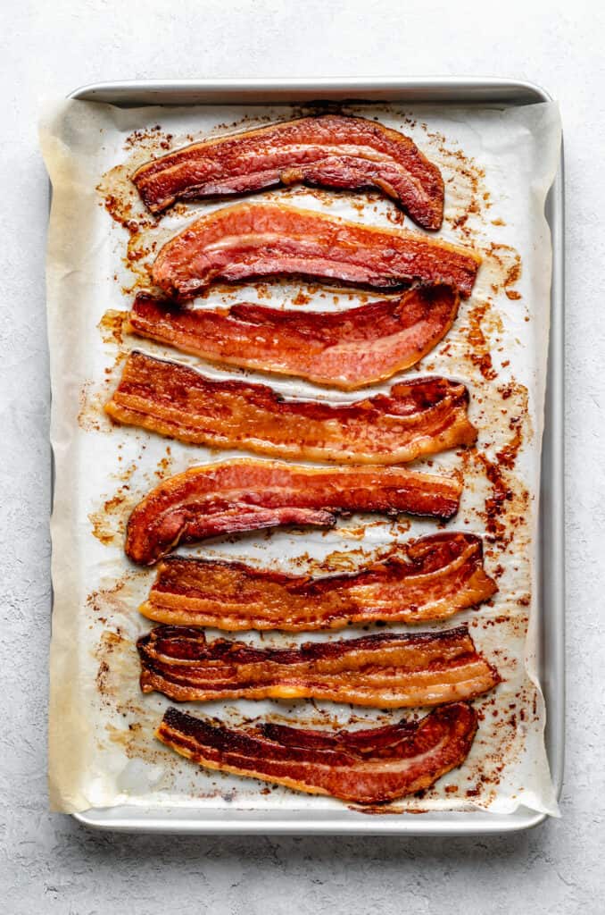cooked bacon on sheet pan